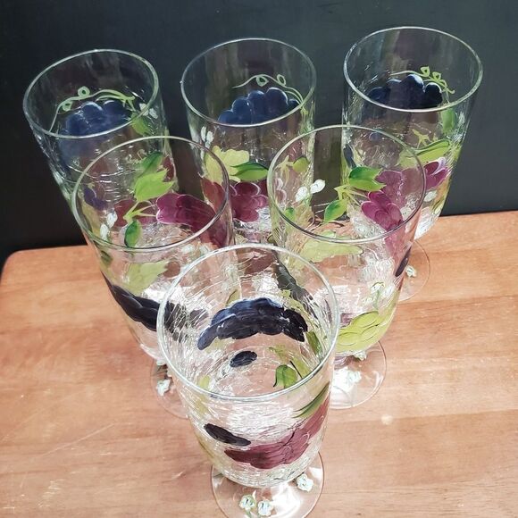 6 Vintage 1990's Crackled Glass Hand Painted Grapes Water or Iced Teas Glasses - Picture 2 of 10